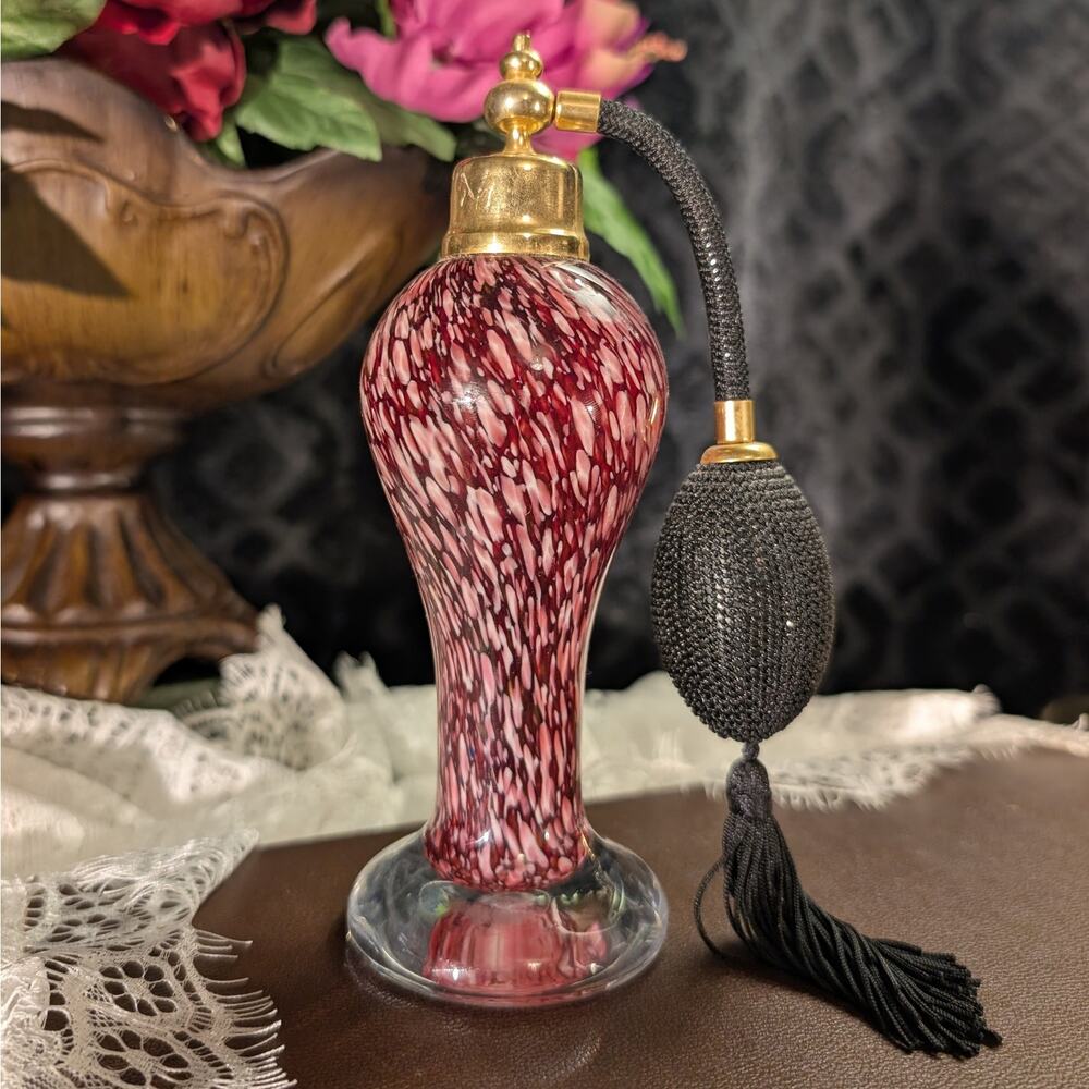 Vintage Perfume Atomizer Vanity Bottle Purple White Swirl Murano Style Art Glass